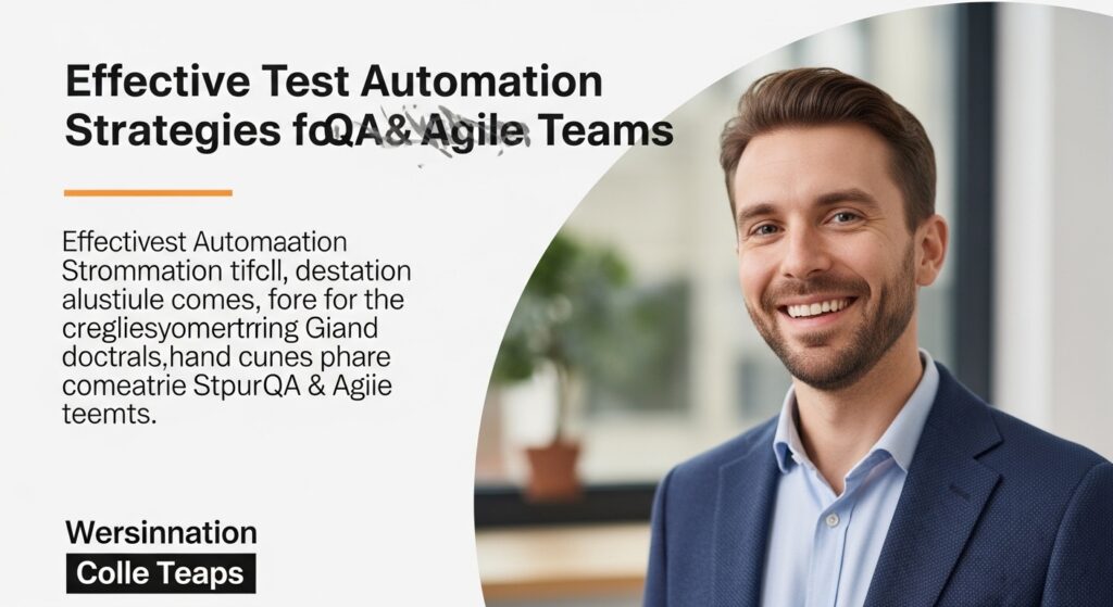 Smiling professional man beside text on test automation strategies for QA teams