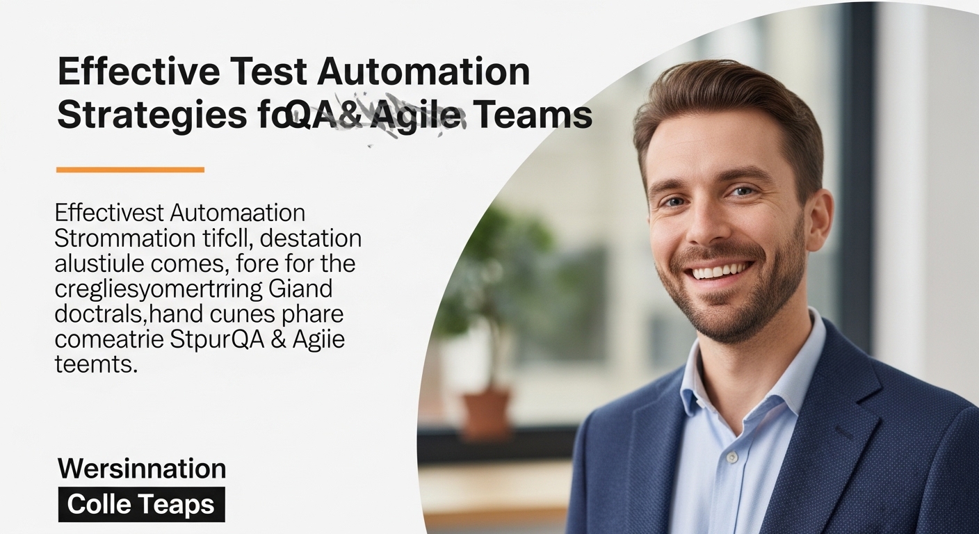 Smiling professional man beside text on test automation strategies for QA teams