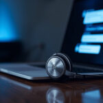 Headset profissional de atendimento ao cliente sobre mesa de madeira ao lado de laptop exibindo interface de chatbot automatizado