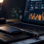 Estação de trabalho corporativa com laptop exibindo dashboard de automação B2B e métricas de geração de leads