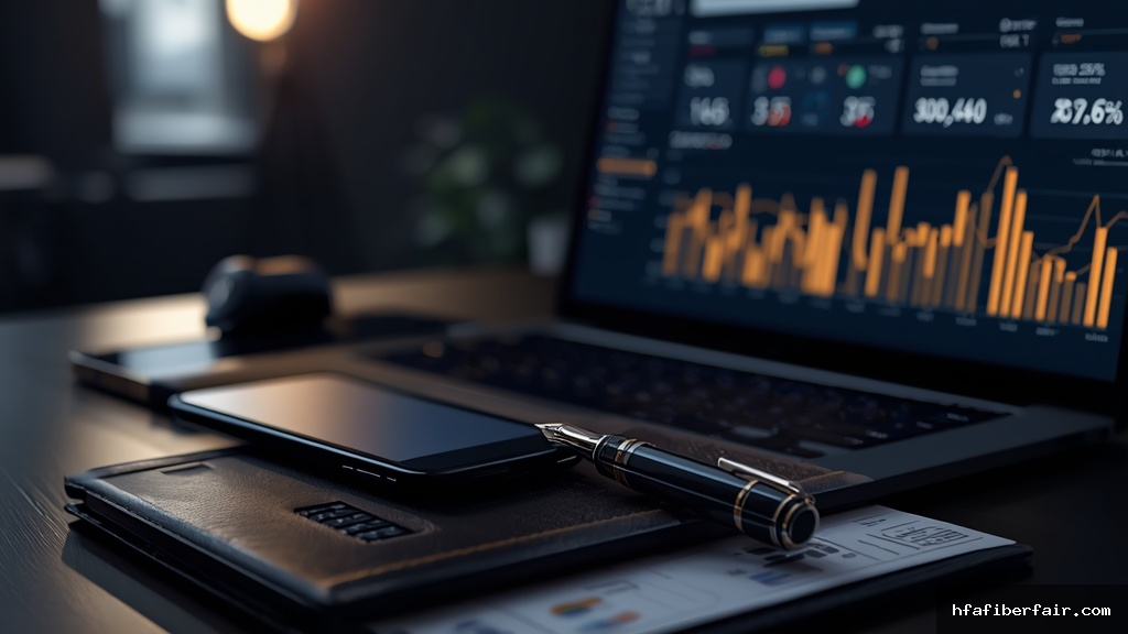 Estação de trabalho corporativa com laptop exibindo dashboard de automação B2B e métricas de geração de leads