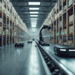 Armazém moderno com braços robóticos automatizados manipulando caixas e robôs autônomos transportando mercadorias em uma cadeia de suprimentos inteligente