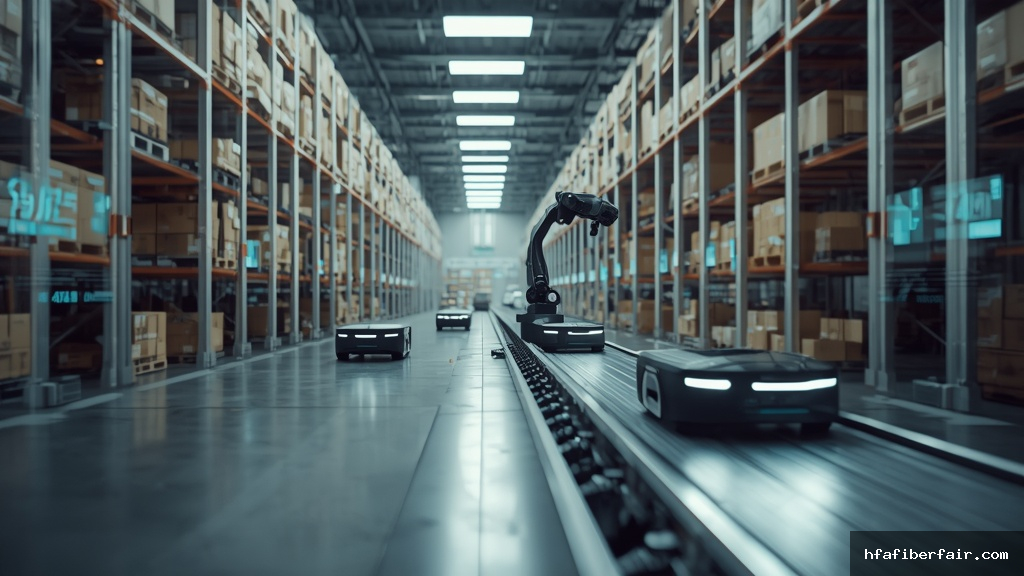 Armazém moderno com braços robóticos automatizados manipulando caixas e robôs autônomos transportando mercadorias em uma cadeia de suprimentos inteligente