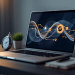 Laptop sobre mesa de escritório exibindo diagrama de fluxo de trabalho automatizado com engrenagens e setas, ao lado de cronômetro cromado e caderno