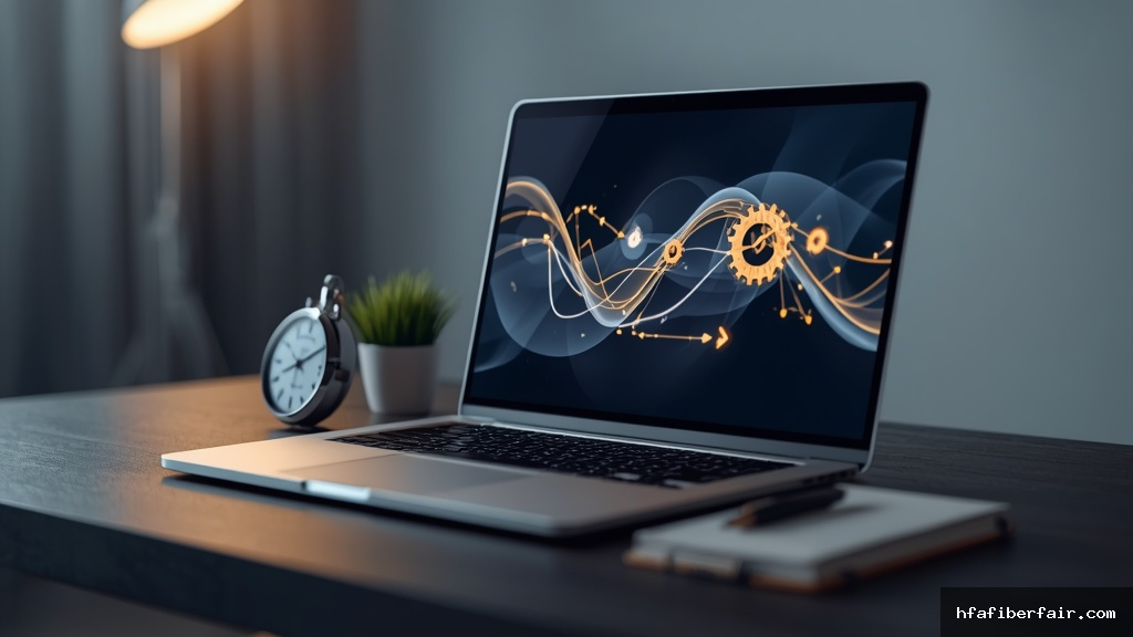 Laptop sobre mesa de escritório exibindo diagrama de fluxo de trabalho automatizado com engrenagens e setas, ao lado de cronômetro cromado e caderno