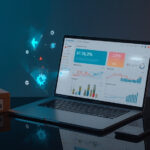 Laptop moderno exibindo painel de e-commerce com gráficos de vendas e ícones de automação ao lado de caixa de envio e cartão de crédito