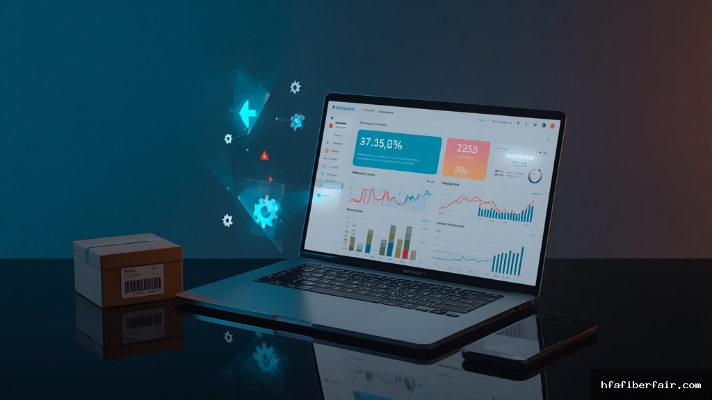 Laptop moderno exibindo painel de e-commerce com gráficos de vendas e ícones de automação ao lado de caixa de envio e cartão de crédito
