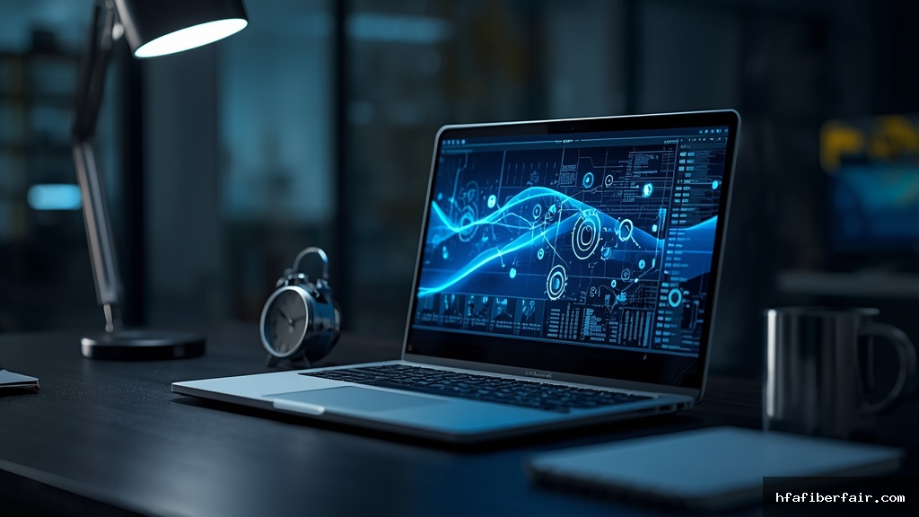 Laptop moderno sobre mesa de escritório exibindo diagramas de automação de processos empresariais com engrenagens e conexões digitais