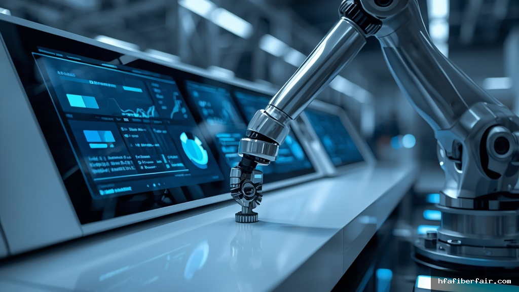 Braço robótico moderno trabalhando com painel digital de controle exibindo análises de dados em ambiente corporativo de automação empresarial