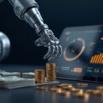 Braço robótico empilhando moedas de ouro ao lado de tablet com gráficos de automação empresarial em mesa de escritório