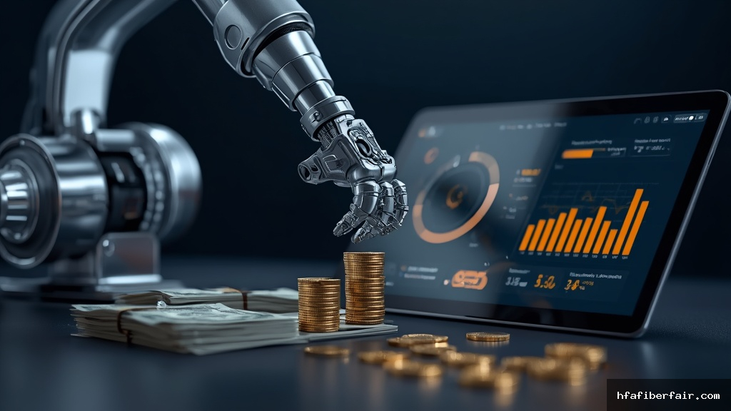 Braço robótico empilhando moedas de ouro ao lado de tablet com gráficos de automação empresarial em mesa de escritório