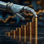Braço robótico empilhando moedas de ouro em colunas crescentes sobre superfície de mármore escuro com gráficos digitais ao fundo