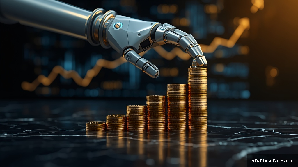 Braço robótico empilhando moedas de ouro em colunas crescentes sobre superfície de mármore escuro com gráficos digitais ao fundo