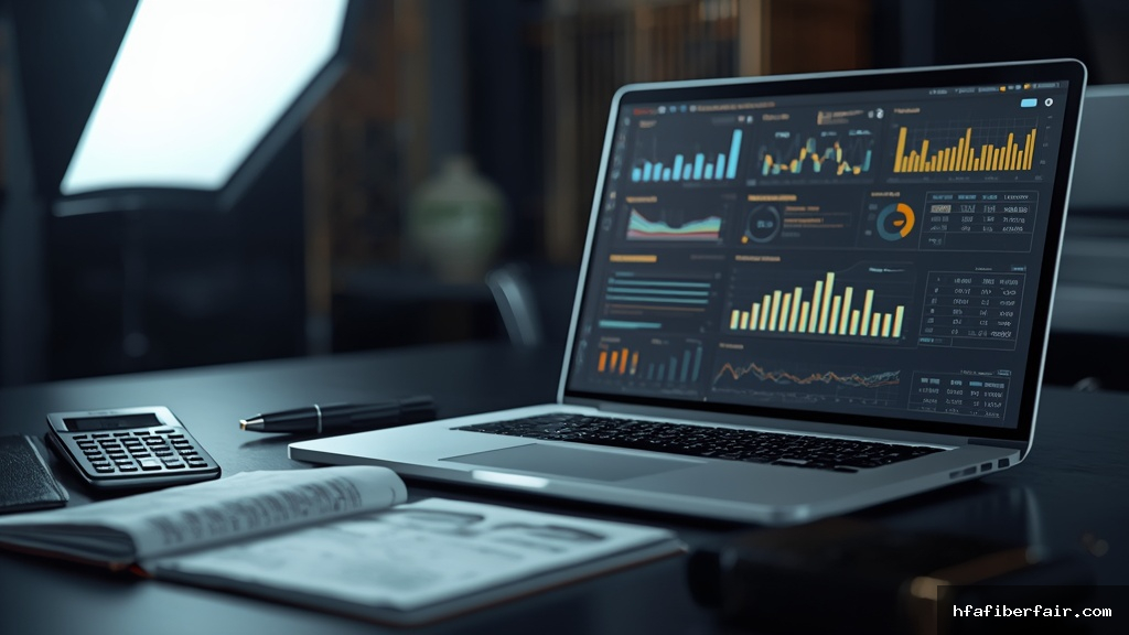 Laptop moderno sobre mesa executiva exibindo dashboards financeiros automatizados com gráficos, relatórios contábeis e calculadora ao lado
