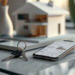 Chave de casa moderna ao lado de smartphone exibindo dashboard imobiliário com gráficos sobre mesa de mármore
