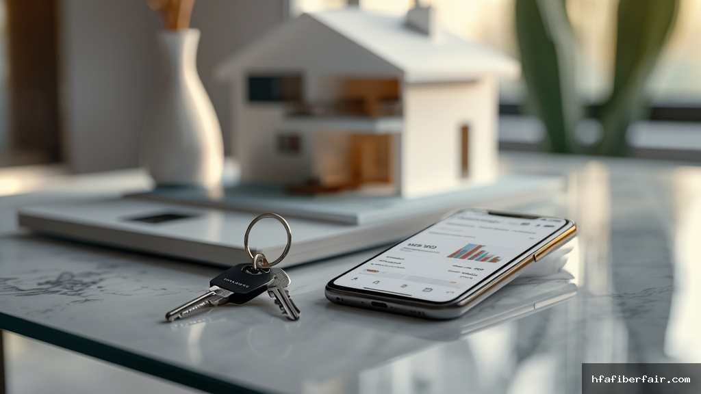 Chave de casa moderna ao lado de smartphone exibindo dashboard imobiliário com gráficos sobre mesa de mármore