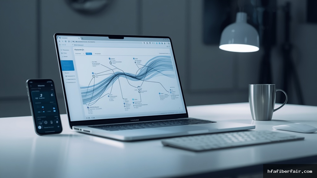Laptop moderno exibindo diagrama de fluxo de trabalho com automação inteligente sobre mesa de escritório minimalista