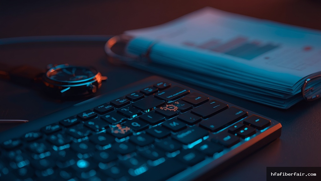 Teclado moderno com ícones de automação iluminados, cronômetro cromado e relatórios de análise com gráficos crescentes em fotografia de estúdio