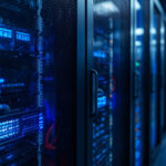 Rack de servidores moderno com luzes LED azuis em um data center representando automação em nuvem
