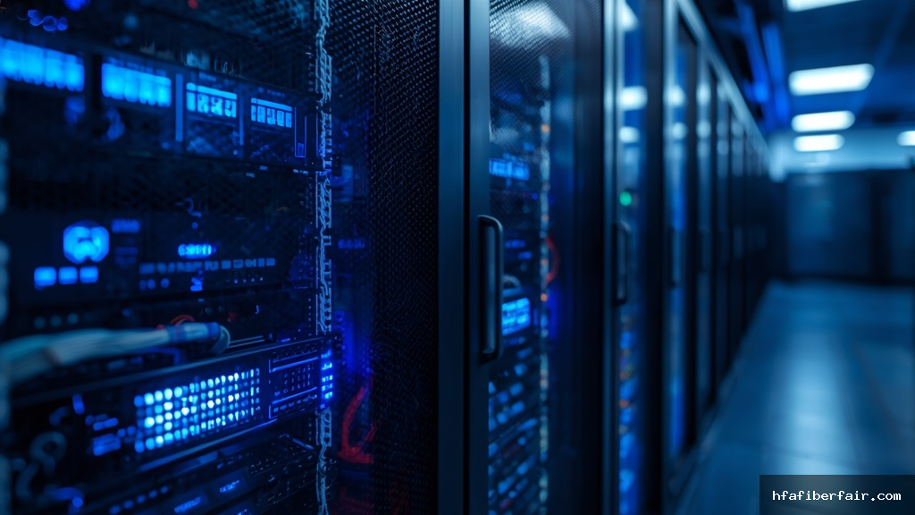 Rack de servidores moderno com luzes LED azuis em um data center representando automação em nuvem