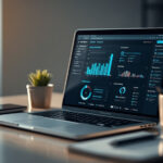 Laptop moderno exibindo painel de automação com gráficos sobre mesa de escritório com planta e caderno