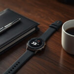 Smartwatch moderno exibindo notificações ao lado de planner de couro preto, caneta tinteiro prata e xícara de café em mesa de madeira escura