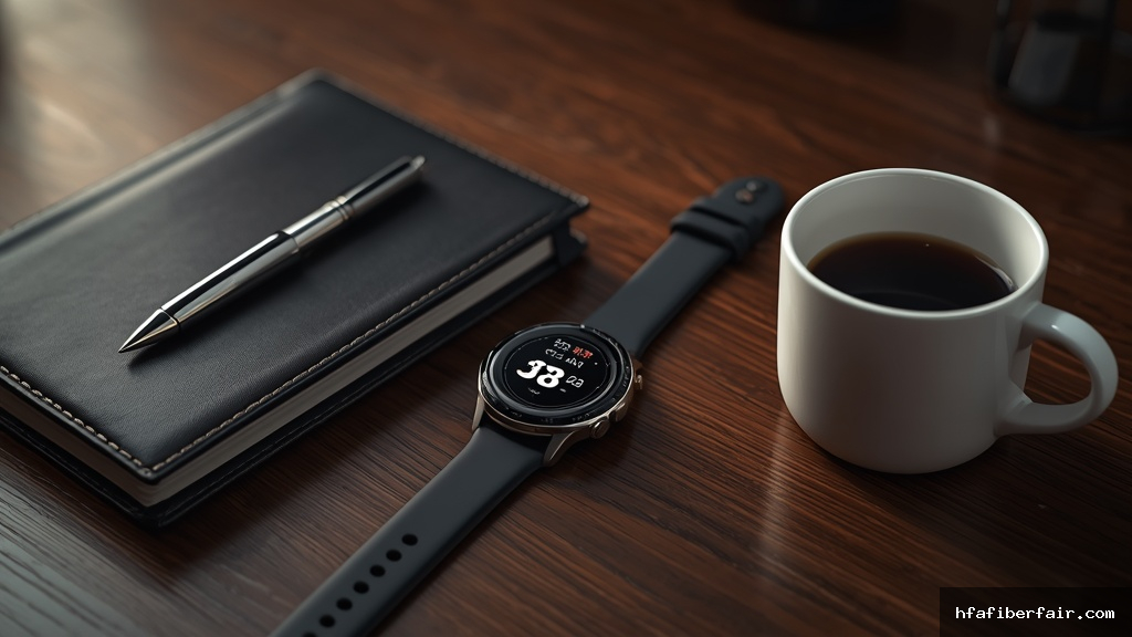 Smartwatch moderno exibindo notificações ao lado de planner de couro preto, caneta tinteiro prata e xícara de café em mesa de madeira escura