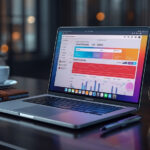 Laptop moderno exibindo painel de automação de planejamento de eventos com cronograma e calendário sobre mesa de madeira escura