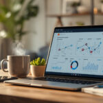 Mesa de home office com laptop exibindo painel de automação de fluxo de trabalho, smartphone, headset e café para equipes remotas