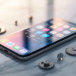 Smartphone moderno sobre superfície de mármore branco exibindo ícones de redes sociais e engrenagens ao redor representando automação