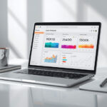 Laptop moderno exibindo dashboard de software SaaS com gráficos de automação e análise de dados em mesa de escritório minimalista