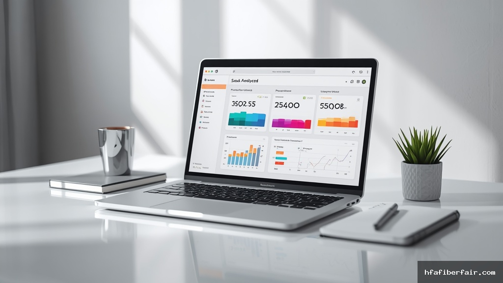 Laptop moderno exibindo dashboard de software SaaS com gráficos de automação e análise de dados em mesa de escritório minimalista