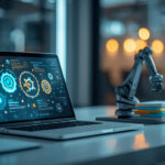 Laptop moderno sobre mesa branca exibindo fluxos de trabalho automatizados com braço robótico organizando documentos em ambiente de startup