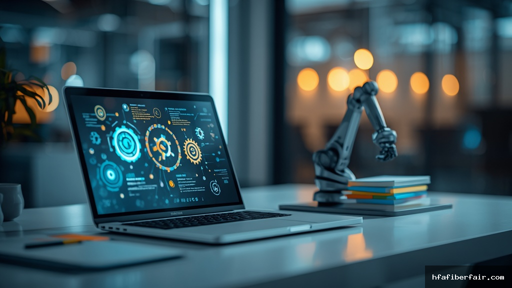 Laptop moderno sobre mesa branca exibindo fluxos de trabalho automatizados com braço robótico organizando documentos em ambiente de startup