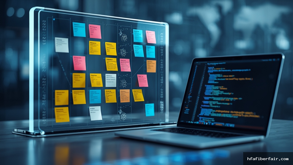 Mesa de escritório moderna com quadro kanban transparente, notas adesivas coloridas e laptop exibindo código de programação representando automação ágil