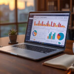 Laptop moderno exibindo dashboard de CRM com gráficos de vendas sobre mesa executiva de madeira escura com smartphone e caderno de couro