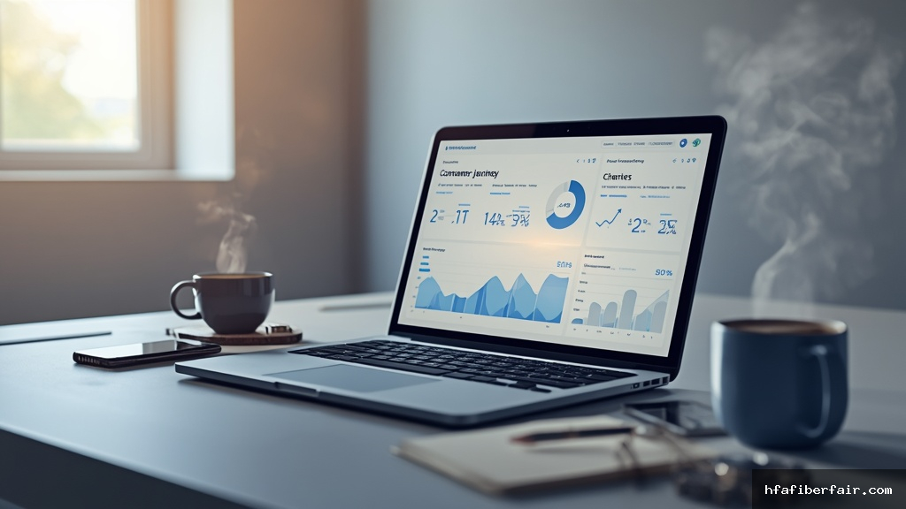 Notebook moderno sobre mesa exibindo painel de automação de marketing com gráficos de conversão de leads e jornada do cliente
