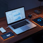 Mesa de escritório premium com laptop, smartphone, tablet e smartwatch interconectados representando automação omnichannel empresarial