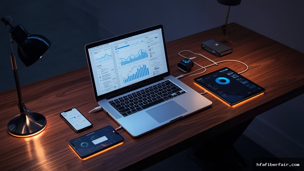 Mesa de escritório premium com laptop, smartphone, tablet e smartwatch interconectados representando automação omnichannel empresarial