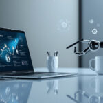 Mesa de escritório moderna com laptop exibindo fluxos de automação e braço robótico representando produtividade no trabalho