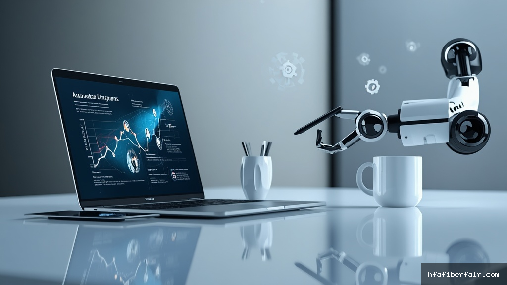 Mesa de escritório moderna com laptop exibindo fluxos de automação e braço robótico representando produtividade no trabalho