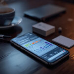 Smartphone moderno sobre mesa de madeira exibindo painel de fidelização de clientes com gráficos e notificações ao lado de xícara de café