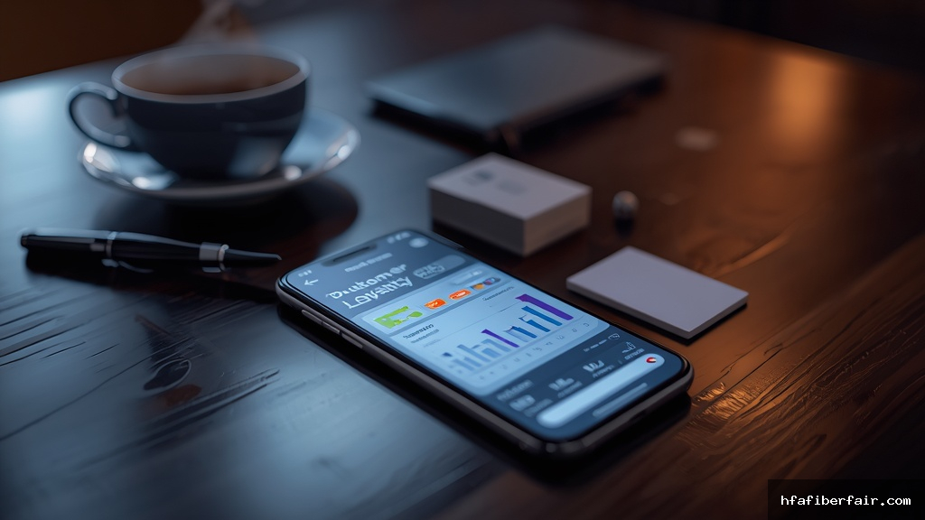 Smartphone moderno sobre mesa de madeira exibindo painel de fidelização de clientes com gráficos e notificações ao lado de xícara de café