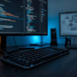 Estação de trabalho profissional de desenvolvedor com teclado mecânico e monitor exibindo código de automação e diagrama de framework