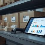 Tablet exibindo painel de controle de inventário ao lado de leitor de código de barras e caixas organizadas em prateleira de estoque