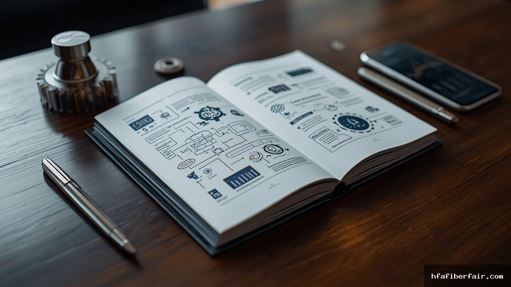 Livro aberto de estratégia de automação empresarial sobre mesa de madeira escura com engrenagens metálicas e smartphone exibindo gráficos de crescimento