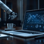 Mesa executiva com laptop exibindo painel de automação e braço robótico cromado manipulando documentos em escritório moderno