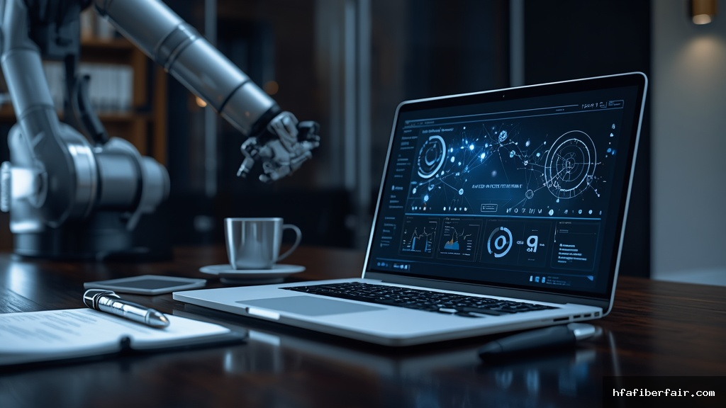 Mesa executiva com laptop exibindo painel de automação e braço robótico cromado manipulando documentos em escritório moderno