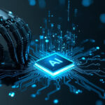 Braço robótico metálico ao lado de chip de inteligência artificial brilhante representando integração de IA em estratégias de automação empresarial
